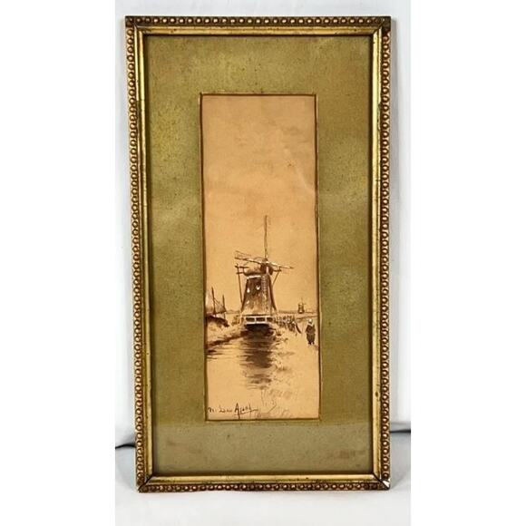 Antique Louis Apal Dutch Windmill Original Watercolor Gold Ornate Frame RARE - Picture 1 of 14